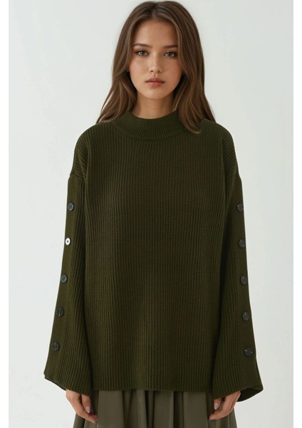 Kadın Düğme ve Yırtmaç Detaylı Selanik Örgü Triko Kazak Green