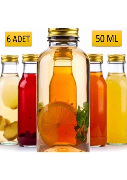 6 Adet - 50 ml Şeffaf Cam Şişe Gold Kapak Limonata Şişesi Kolonya Şişesi, Meyve Suyu Şişesi, 50 ml