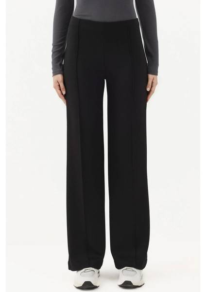 Kadın Modal Touch Nervür Detaylı Geniş Paça Pantolon Siyah