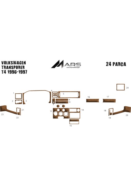 Volkswagen Transporter T4 Konsol-Torpido Kaplama 1996-1998 24 Pa Açık Meşe