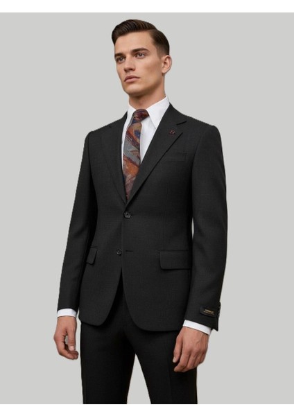 Siyah Dokulu Modern Fit Tek Düğmeli Ceket