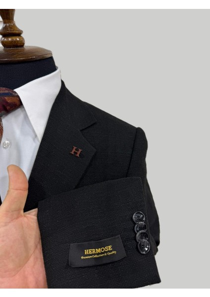 Siyah Dokulu Modern Fit Tek Düğmeli Ceket