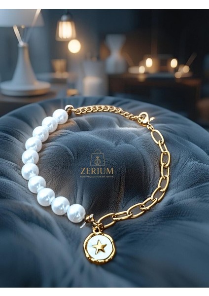 Celestial Fusion: Yıldız Desenli Incili & Zincir Kadın Bileklik 316L