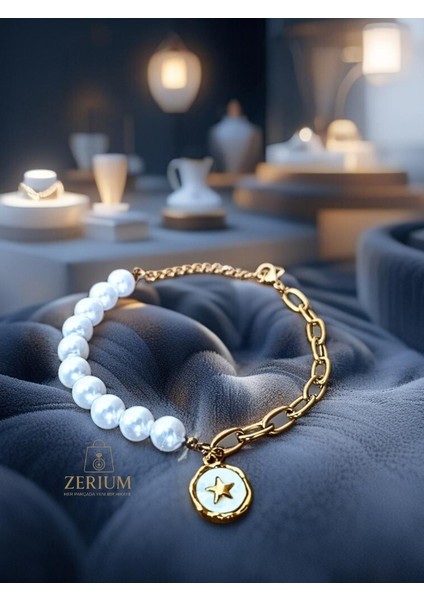 Celestial Fusion: Yıldız Desenli Incili & Zincir Kadın Bileklik 316L modelleri