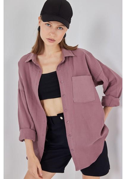 Kadın Bdart Cep Detaylı Oversize Düğmeli Keten Karışımlı Gömlek Purple