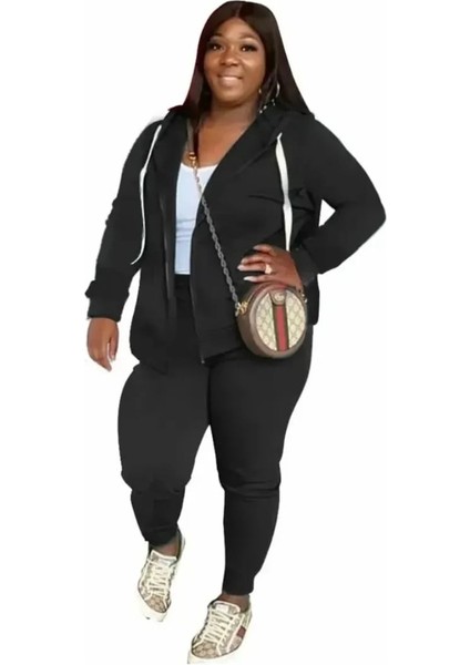 Punıx Büyük Beden Düz Baskısız Fermuarlı Kapüşonlu Kışlık Kalın Battal Kadın Eşofman Takımı