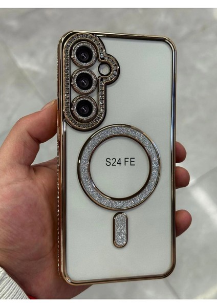 Samsung Galaxy S24 Fe Kılıf Elmas Taşlı Tuşlu Arka Şeffaf Kamera Lens Üstü Korumalı Magsafe Manyetik