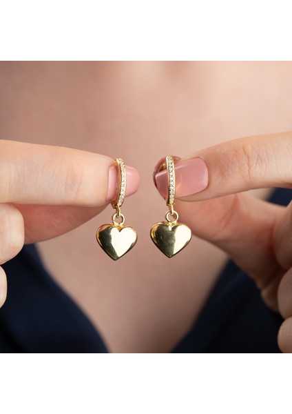 925 Ayar Gümüş Bombeli Sallantılı Kalp Küpe