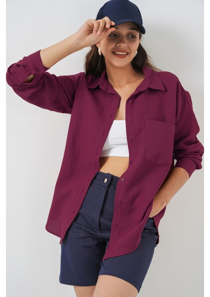 Kadın Bdart Cepli Oversize Düğmeli Keten Karışımlı Gömlek Purple