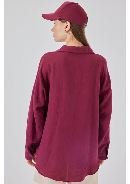 Kadın Bdart Cepli Oversize Düğmeli Keten Karışımlı Gömlek Purple indirimleri