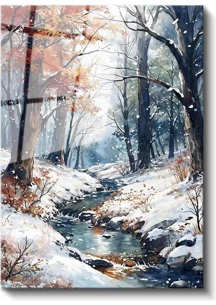 Cam Dikey Duvar Tablosu Cam Nehir ve Karlı Orman Ev Ofis Salon Modern Duvar Tablosu