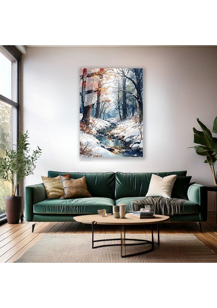 Cam Dikey Duvar Tablosu Cam Nehir ve Karlı Orman Ev Ofis Salon Modern Duvar Tablosu fiyatları