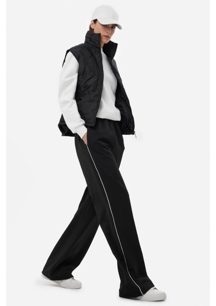 Kadın Kontrast Detaylı Geniş Kesim Elastik Bel Pantolon Black