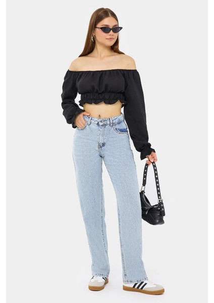 Kadın Omuzdan Askılı, Uzun Kollu ve Pilili Detaylı Keten Kısa Üst Black