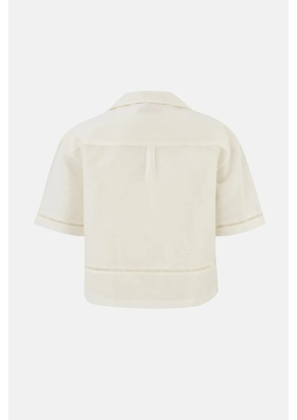 Kadın Kesik Detaylı Keten Kısa Kollu Gömlek Natural