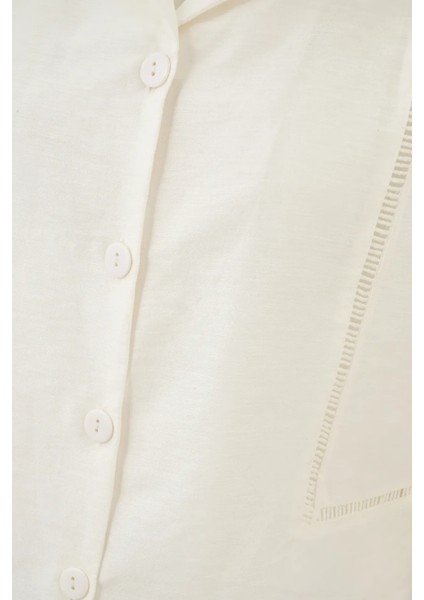 Kadın Kesik Detaylı Keten Kısa Kollu Gömlek Natural