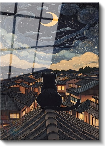 Cam Dikey Duvar Tablosu Cam Ay ve Kedi Ev Ofis Salon Modern Duvar Tablosu