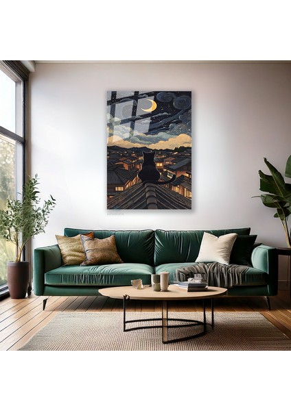 Cam Dikey Duvar Tablosu Cam Ay ve Kedi Ev Ofis Salon Modern Duvar Tablosu fiyatları