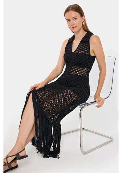 Kadın Kolsuz Örme Maxi Elbise, V-Yaka ve Püskül Paça Black