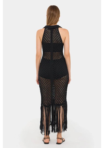 Kadın Kolsuz Örme Maxi Elbise, V-Yaka ve Püskül Paça Black
