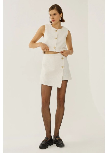 Kadın Tweed Düğme Detaylı Şort White