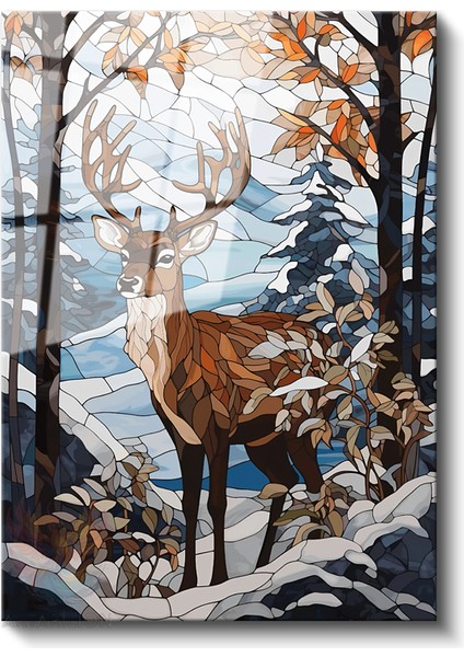 Cam Dikey Duvar Tablosu Cam Geyik Kış Teması Ev Ofis Salon Modern Duvar Tablosu