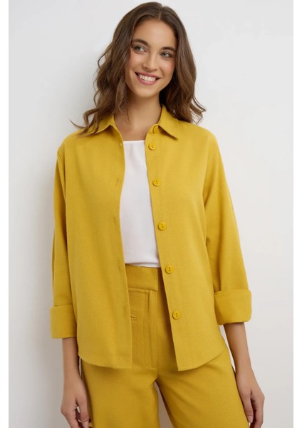 Kadın Keten Karışımlı Gömlek Kehribar Sarısı