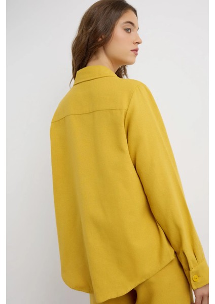 Kadın Keten Karışımlı Gömlek Kehribar Sarısı