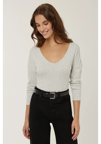 Kadın Dar Fit V Yaka Uzun Kollu Bluz Grey