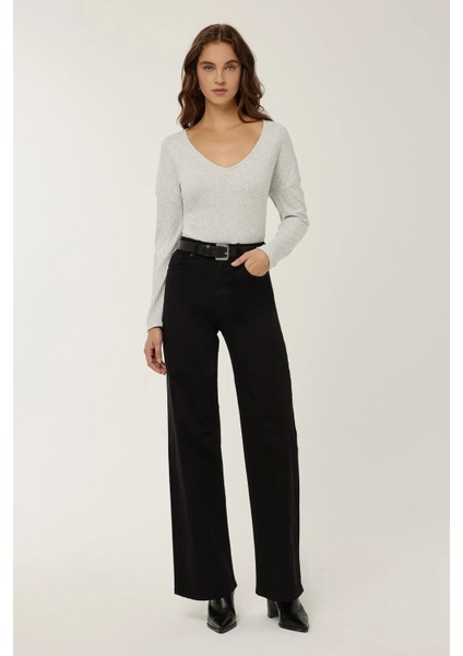 Kadın Dar Fit V Yaka Uzun Kollu Bluz Grey