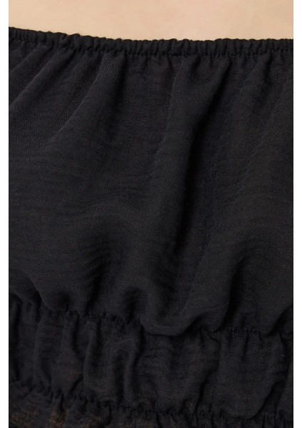 Kadın Omuzdan Askılı, Uzun Kollu ve Pilili Detaylı Keten Kısa Üst Black