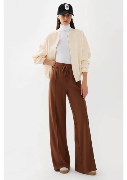 Kadın Geniş Paça Lastikli Jersey Pantolon Kestane Kahvesi