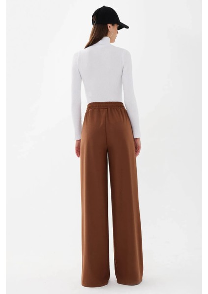Kadın Geniş Paça Lastikli Jersey Pantolon Kestane Kahvesi