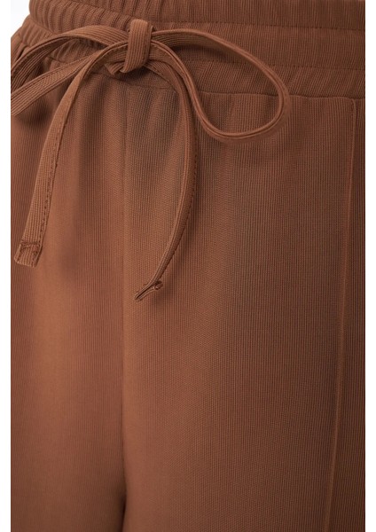 Kadın Geniş Paça Lastikli Jersey Pantolon Kestane Kahvesi