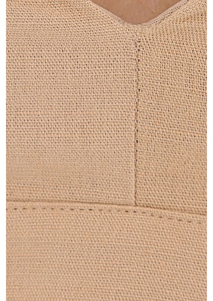 Kadın V-Yaka Kolsuz Dokuma Crop Top Natural