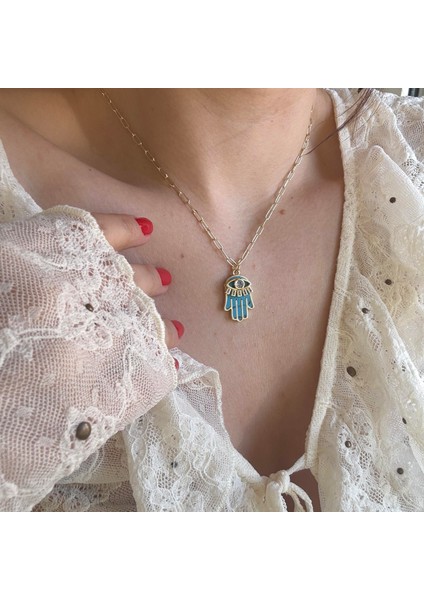 Çelik Mavi Mineli Hamsa Kolye