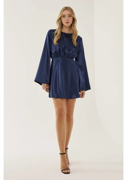 Kadın Melek Kol Mini Saten Elbise Lacivert