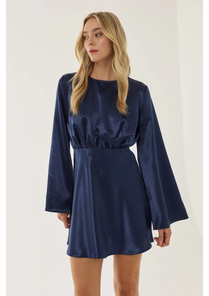 Kadın Melek Kol Mini Saten Elbise Lacivert
