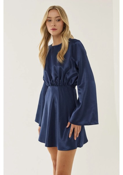 Kadın Melek Kol Mini Saten Elbise Lacivert
