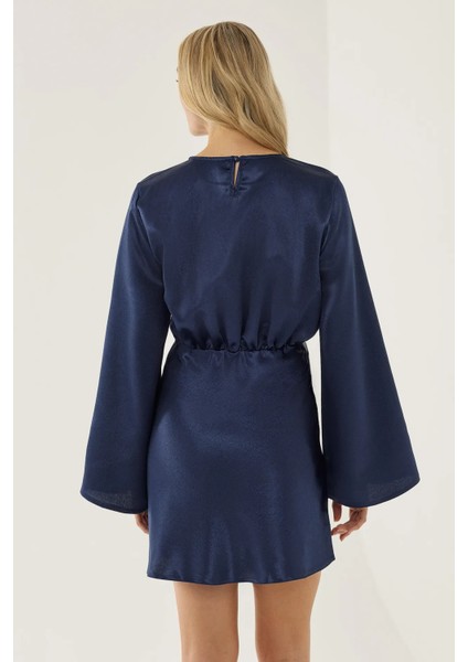 Kadın Melek Kol Mini Saten Elbise Lacivert