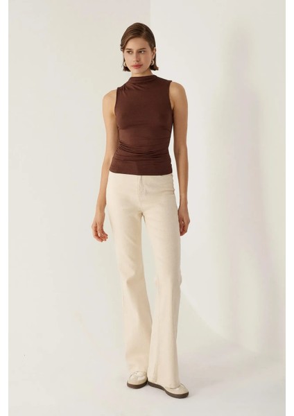 Kadın Drapeli Sıfır Kol Bluz Brown