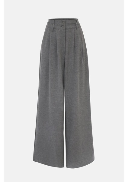 Kadın Çift Bel Geniş Paça Pantolon Gri