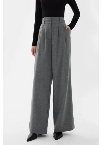 Kadın Çift Bel Geniş Paça Pantolon Gri