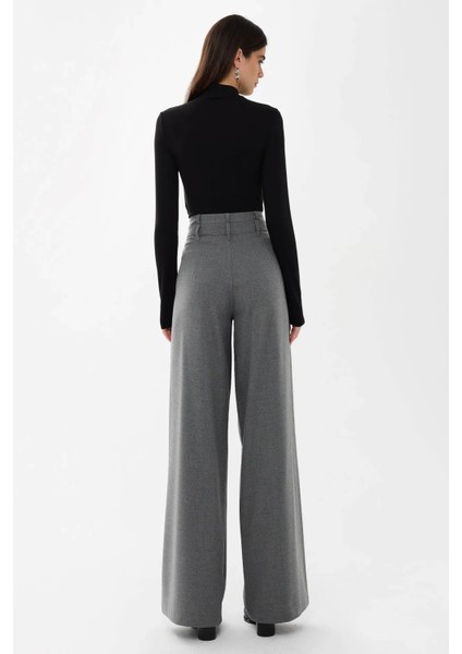 Kadın Çift Bel Geniş Paça Pantolon Gri