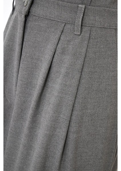 Kadın Çift Bel Geniş Paça Pantolon Gri