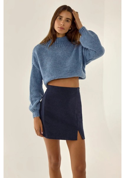 Kadın Yüksek Bel Mini Etek Blue