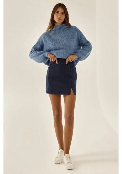 Kadın Yüksek Bel Mini Etek Blue