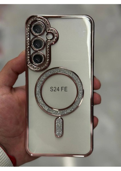 Samsung Galaxy S24 Fe Kılıf Elmas Taşlı Tuşlu Arka Şeffaf Kamera Lens Üstü Korumalı Magsafe Manyetik