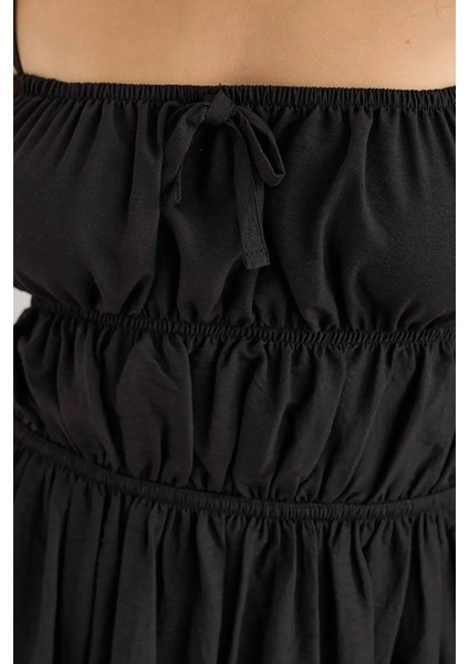 Kadın Bağlamalı Detaylı Pamuk Mini Elbise Siyah