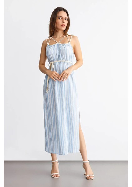 Kadın Çizgili Bağcıklı İnce Askılı Maxi Elbise Buz Mavisi